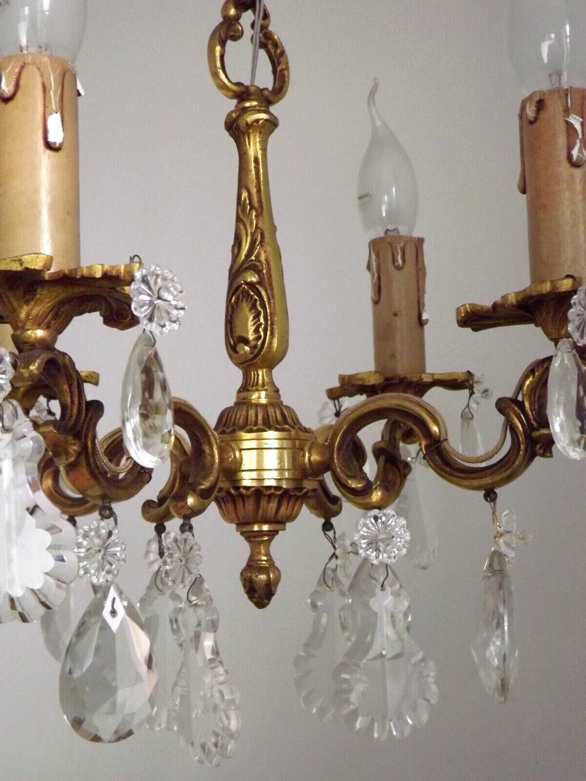 Vintage french brass 4 light chandelier assorted faceted crystal 4007