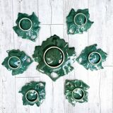Dish and its 6 cups vintage dlg de vallauris green ceramic leaf shape