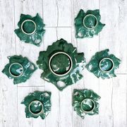 Plate and its 6 vintage bowls from Vallauris, green ceramic in the shape of a leaf.