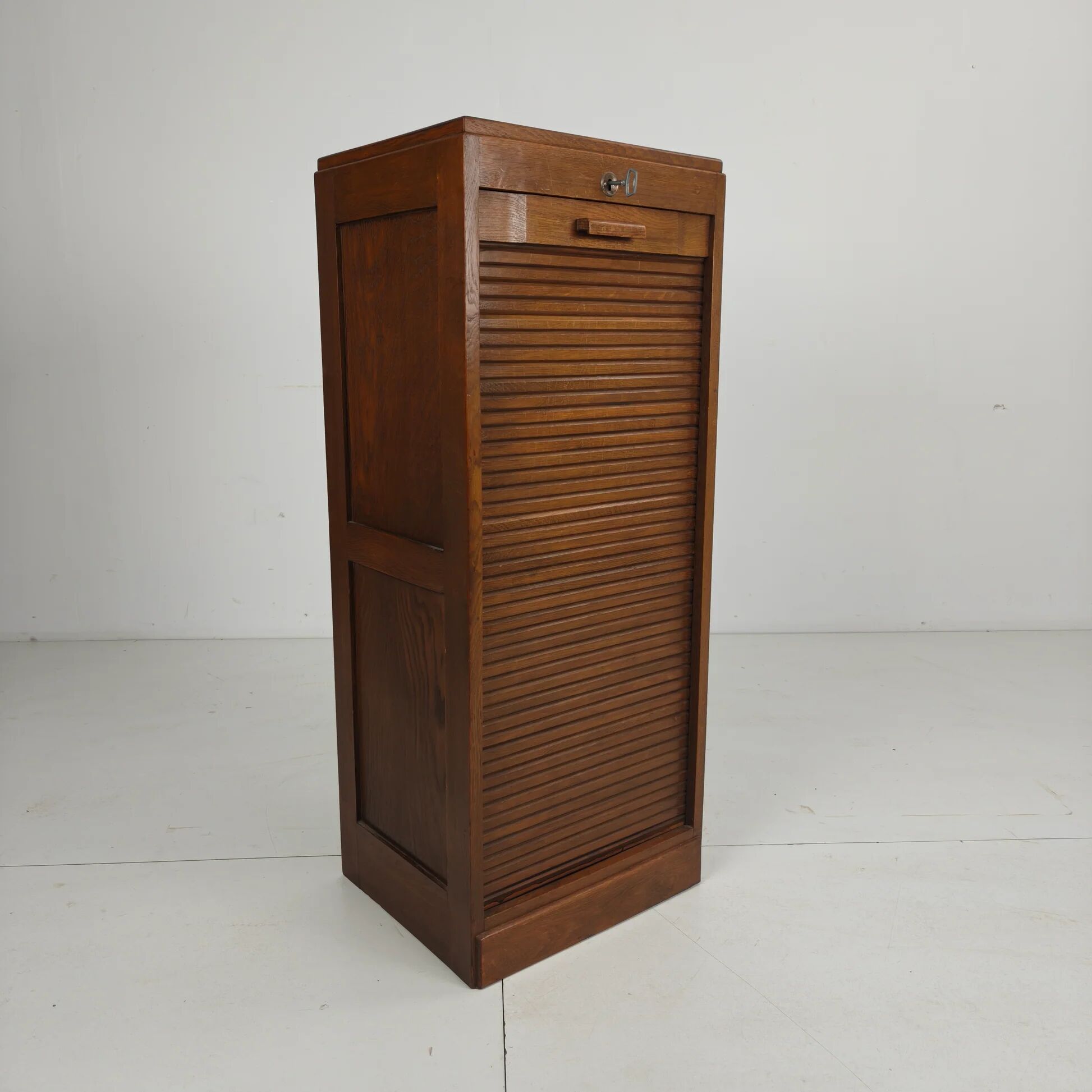 Dutch oak tambour archive cabinet, 1920s–1930s