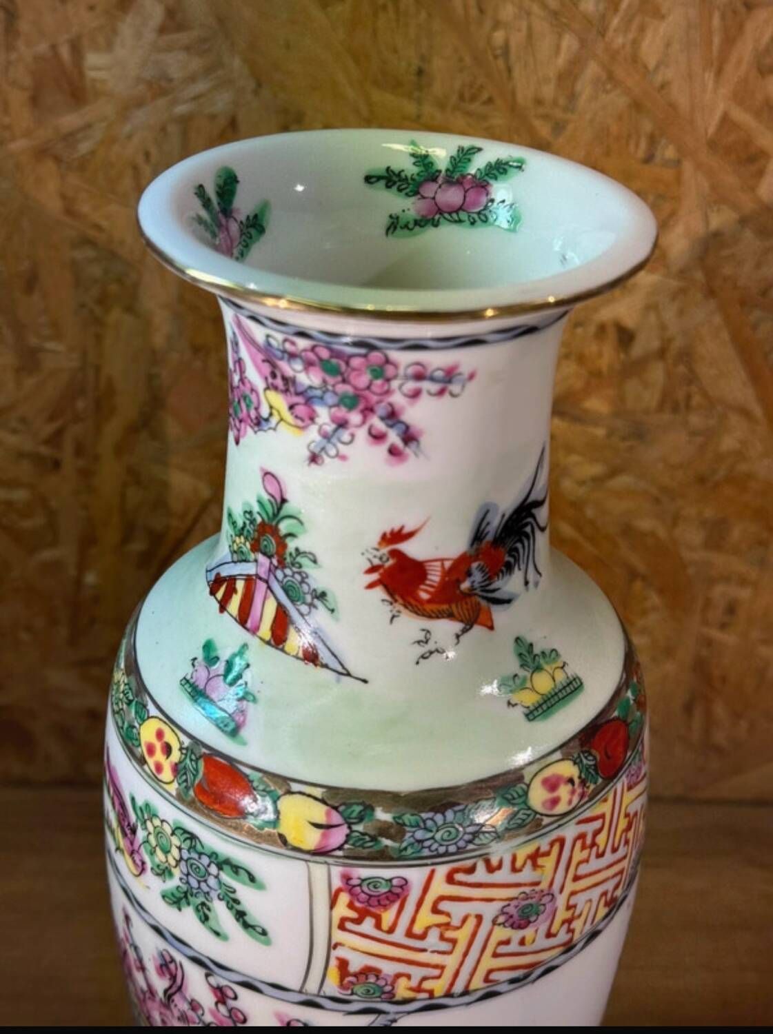 Large Chinese porcelain vase – Red rooster decoration – Asian art – H