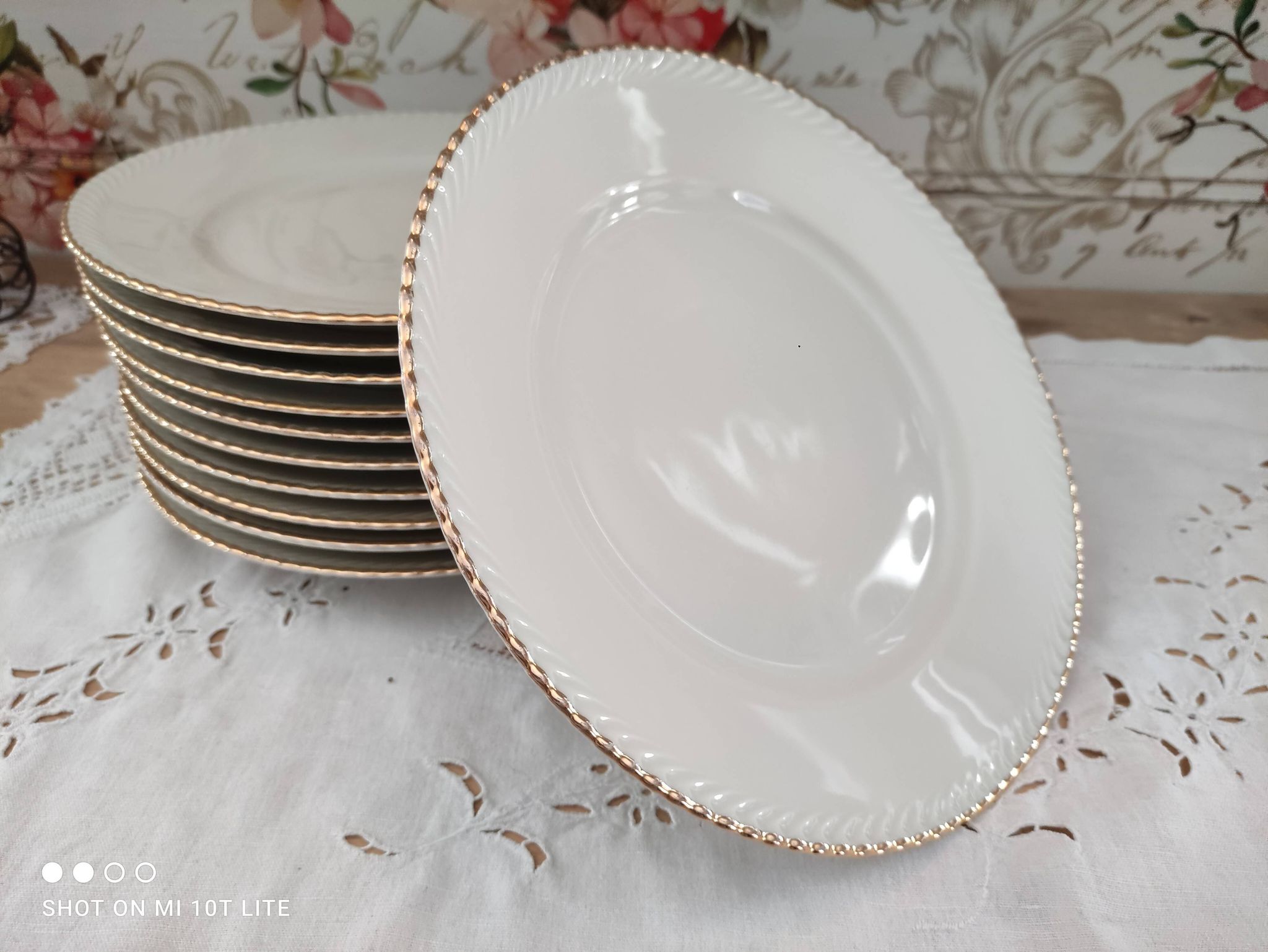 Set of 11 flat plates in porcelain Bavaria beige bordered gold model Jutta