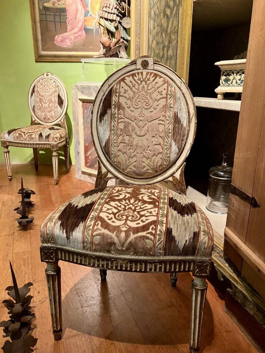 Chairs in Lacquer and Ikat Damask Upholstery, Set of 2