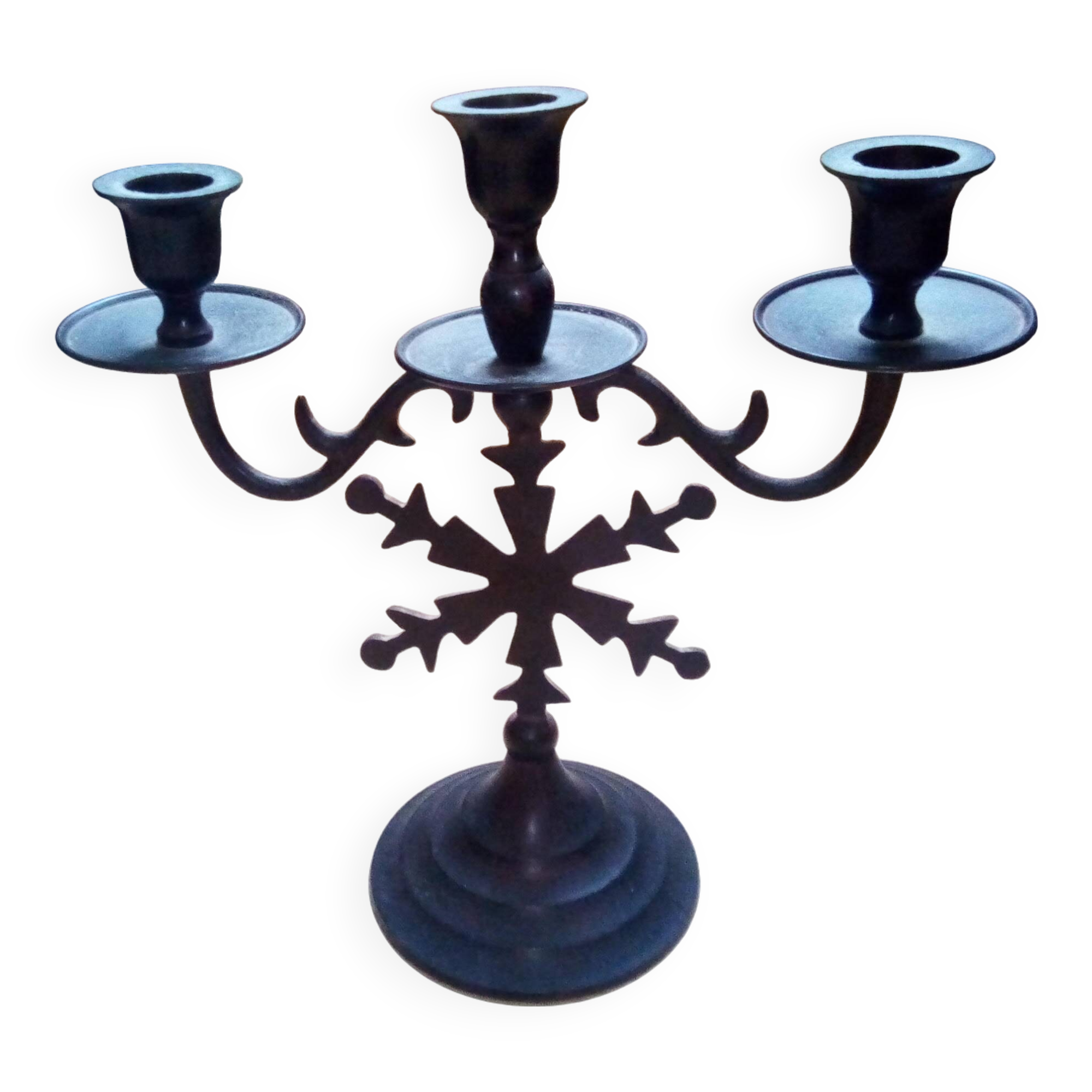 Three-branched black metal candelabra in gothic style