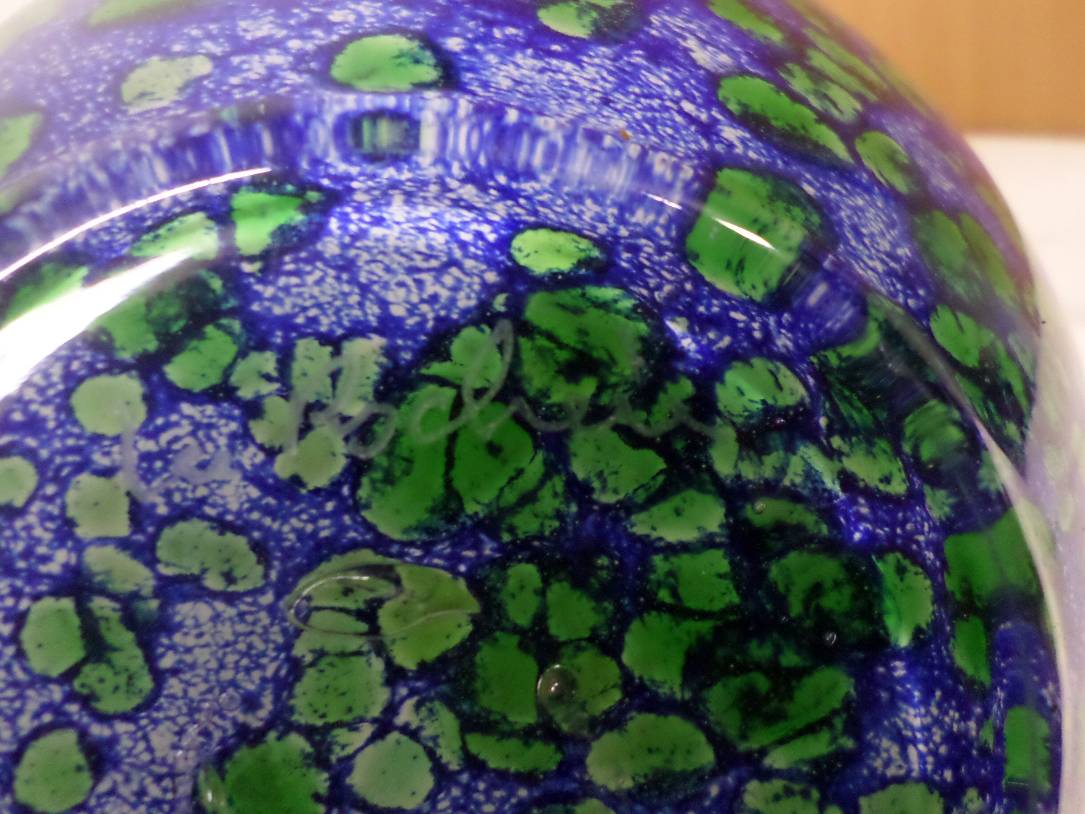 Ball vase signed blue and green Rock