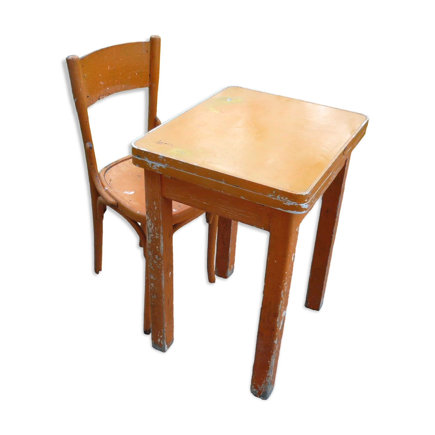 Table with extensions in wood and aluminum, ROC + 1 chair from the 50s