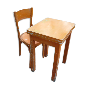 Table with extensions in wood and aluminum, ROC + 1 chair from the 50s