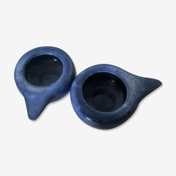 Duo of blue ceramic candle holders