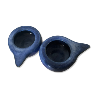 Duo of blue ceramic candle holders