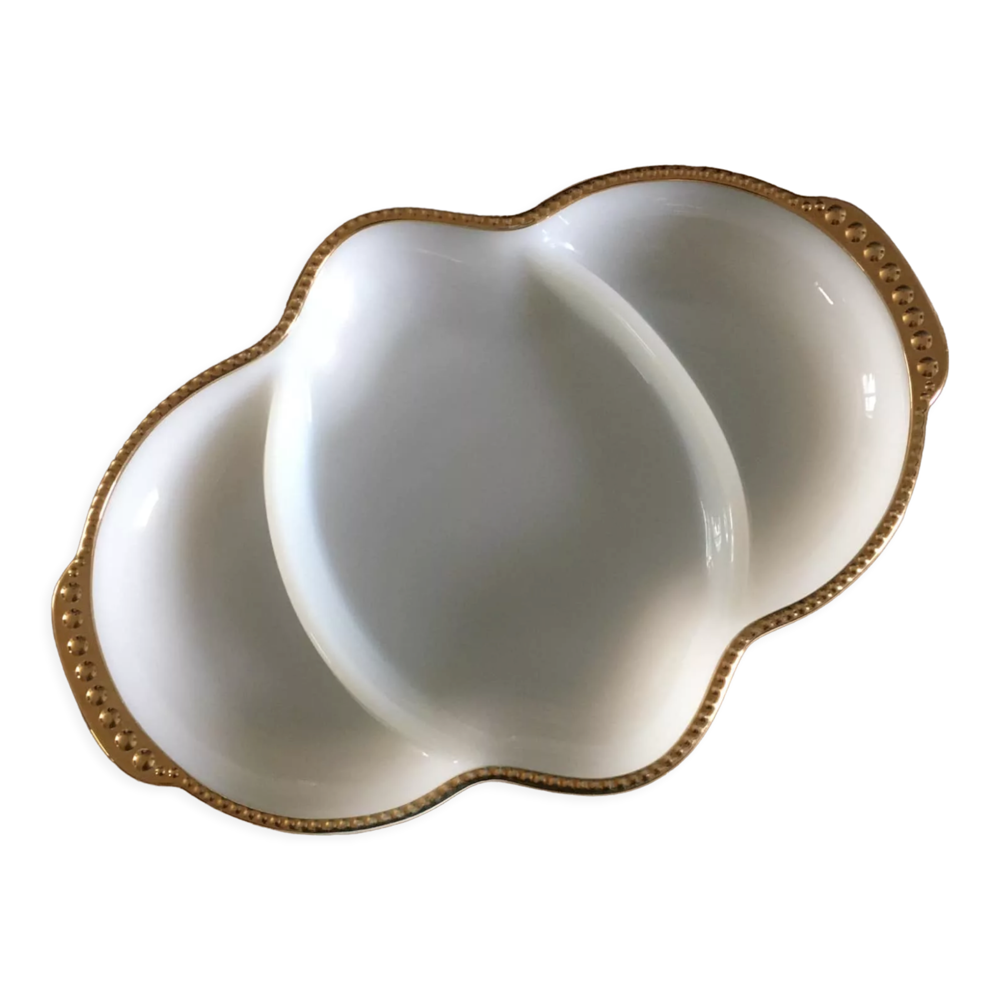 White opaline serving dish, Fire King brand Made in USA, golden edging, 50s