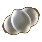 White opaline serving dish, Fire King brand Made in USA, golden edging, 50s