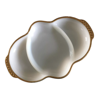 Plat de service en opaline blanche, marque Fire King Made in USA, liseré doré, années 50