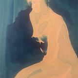 Monochrome blue watercolour tableau collection "blue lady" the pose, signed.