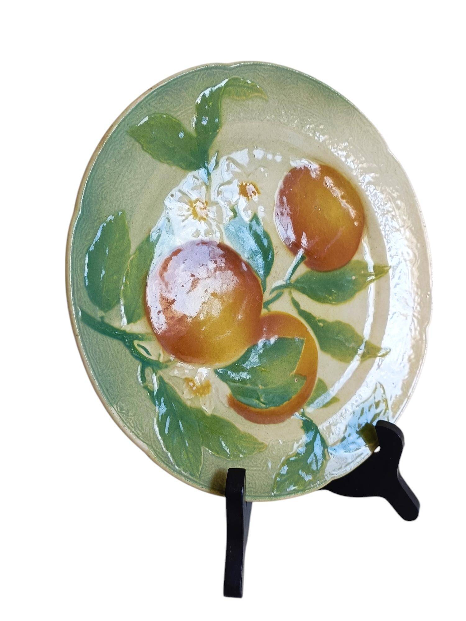 Majolica Oranges Plate by Keller & Guerin Saint Clement, France 1900s