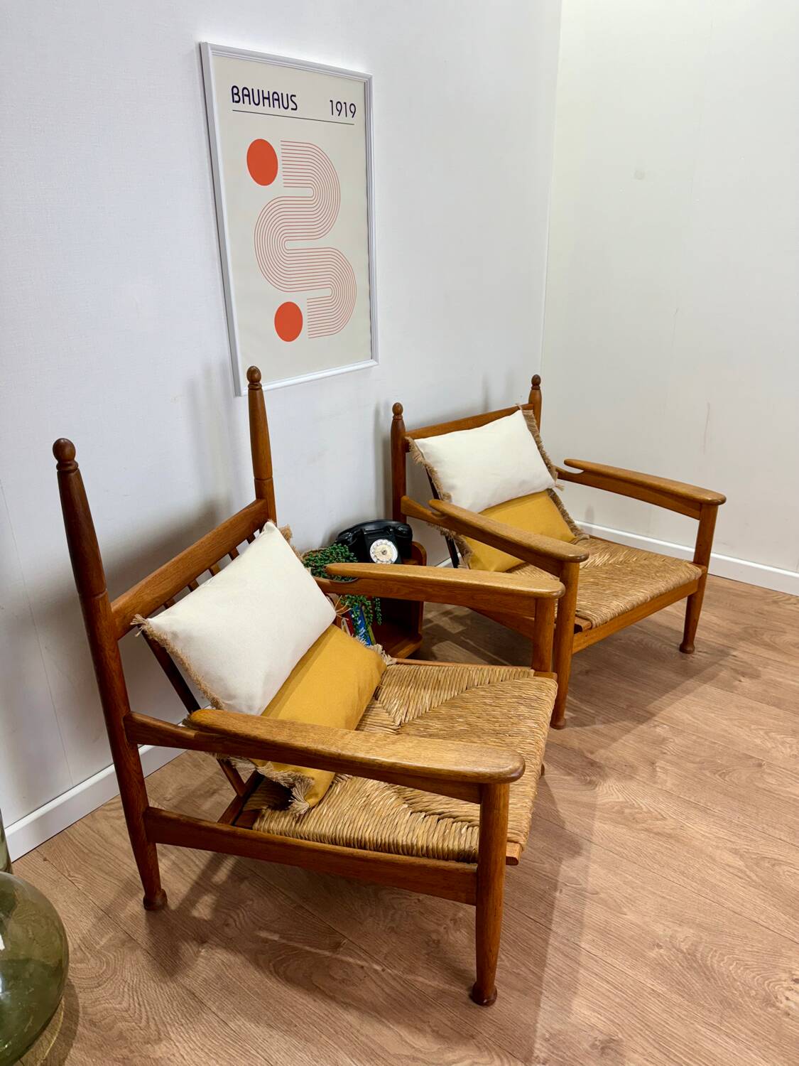 Pair of wooden and straw armchairs