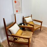 Pair of wooden and straw armchairs