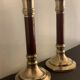 Pair of brass and mahogany wood candle holders