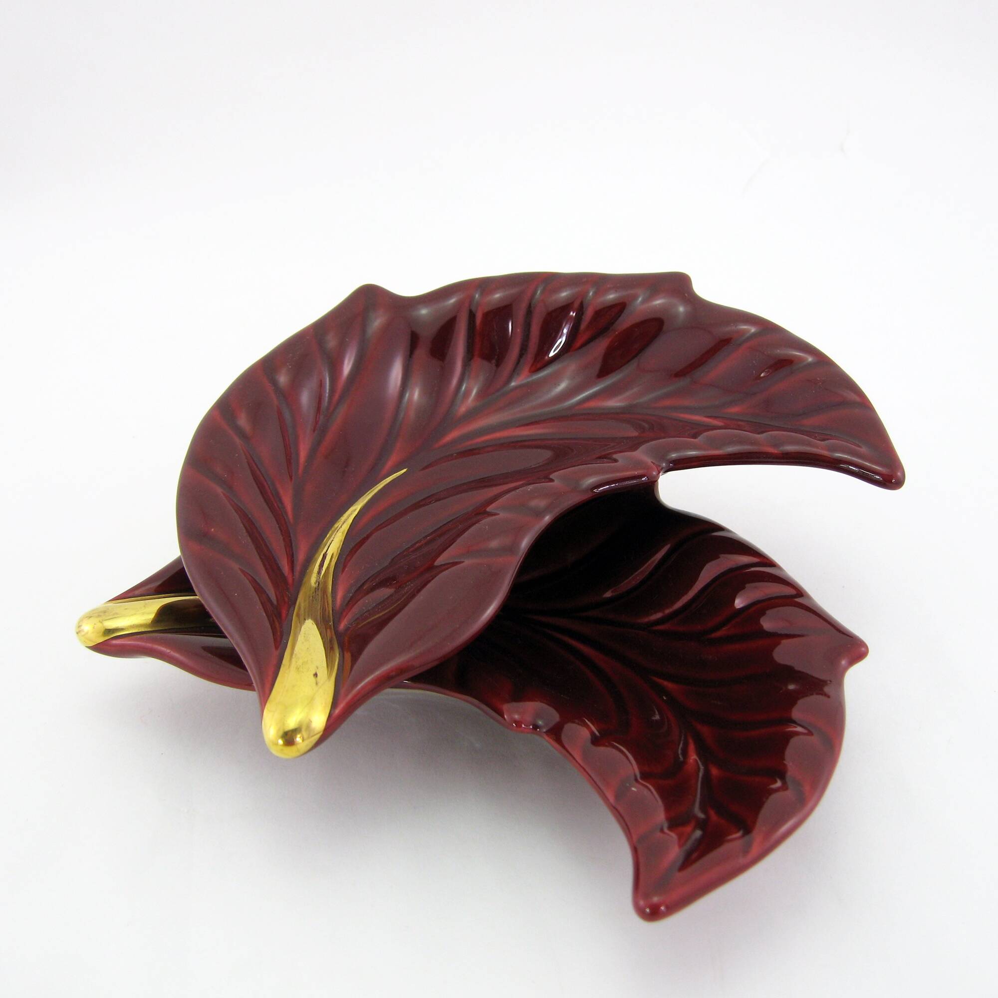 2 red and gold ceramic leaf-shaped bowls - Verceram France - vintage year