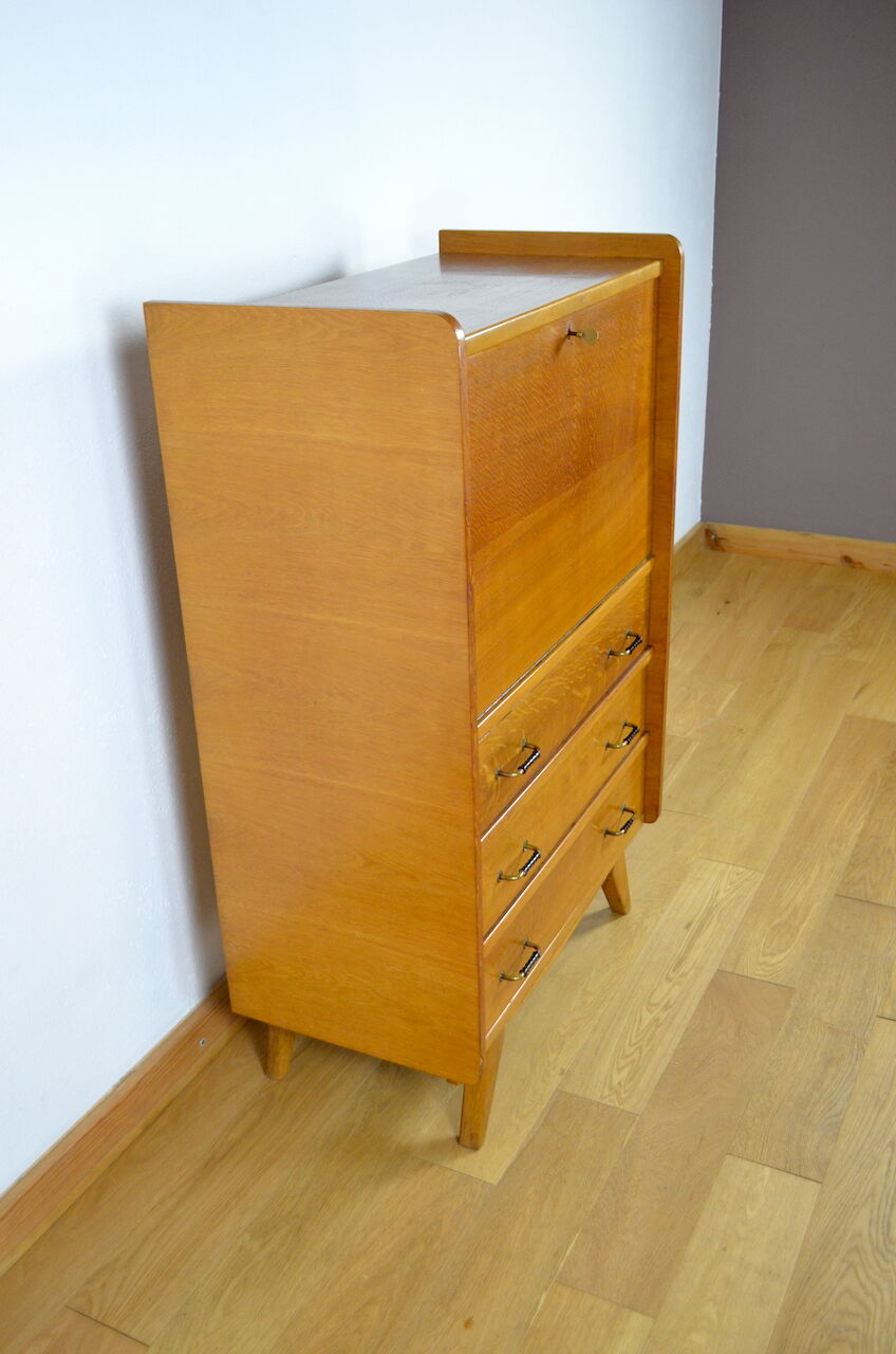 Secrétaire pieds compas & chêne doré vintage 1950