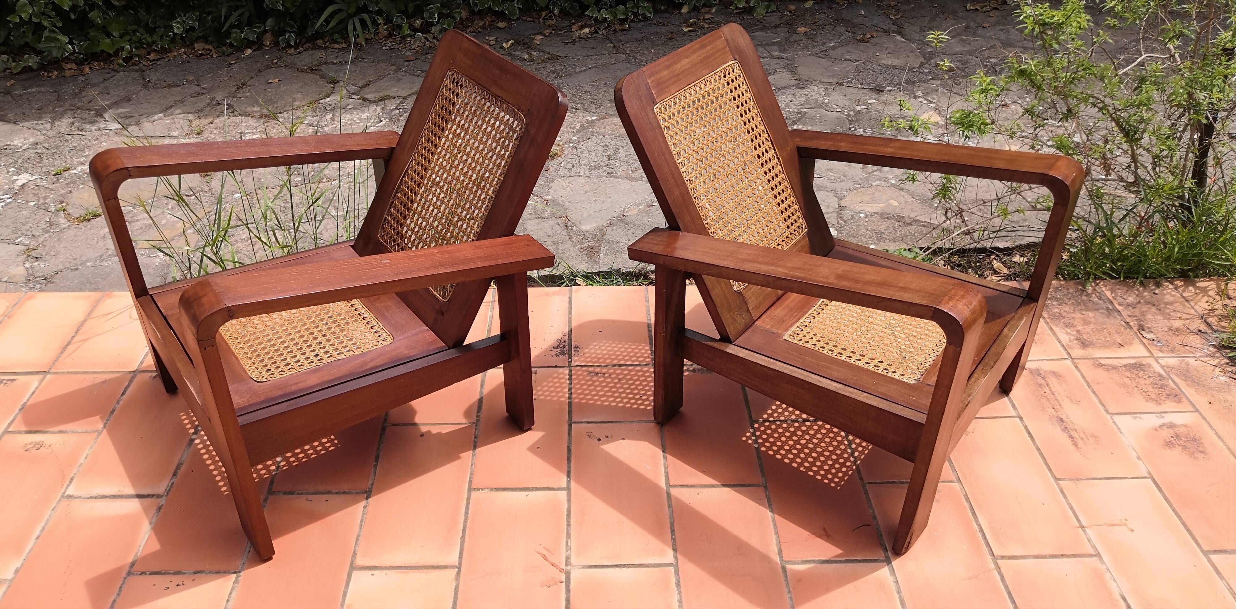 Pair of vintage rosewood and canning armchairs, Burma 1950