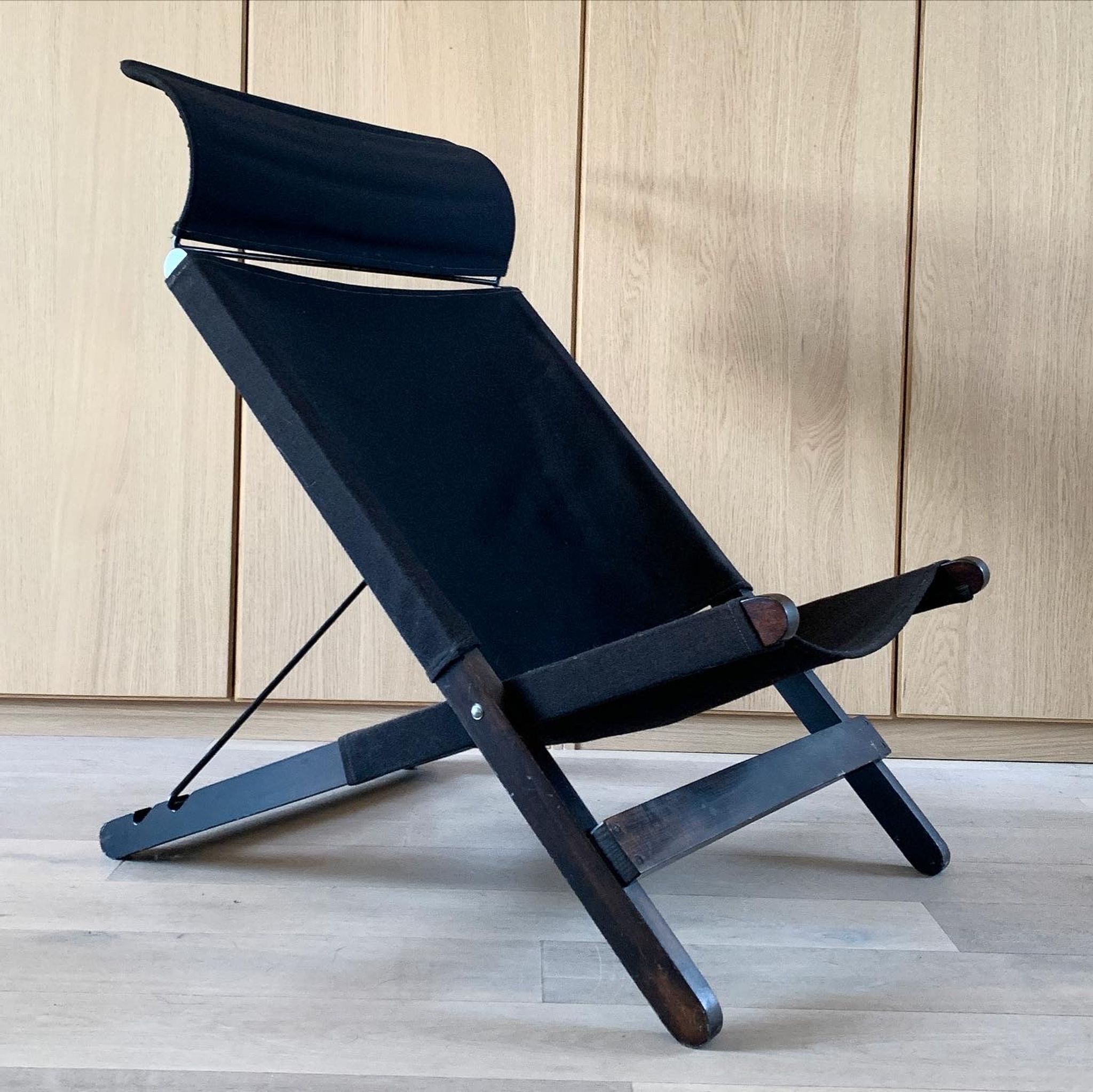 Vintage wood and canvas folding armchair by Tord Bjorklund for Ikea
