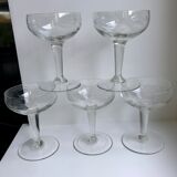 Set of 5 champagne glasses in crystal engraved 50s