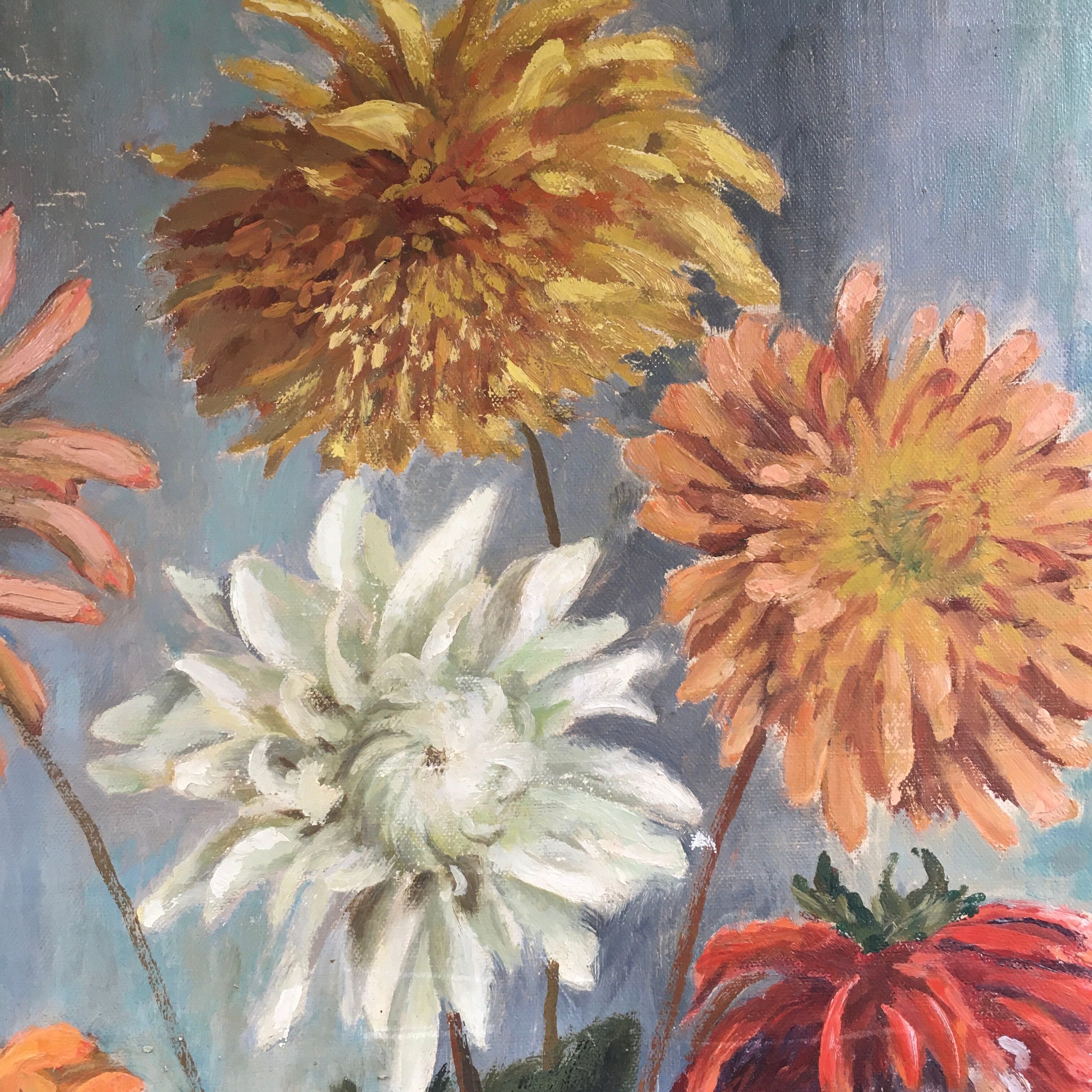 Ancient painting bouquet of dahlias