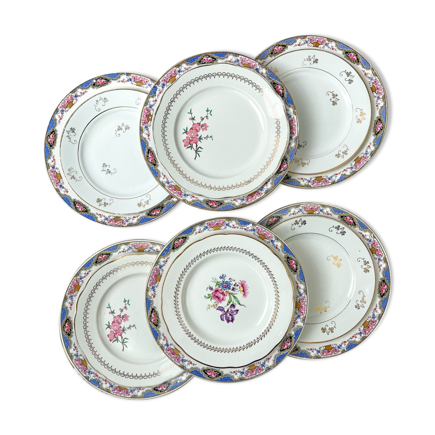 Set of 6 porcelain plates and 6 small mismatched vintage plates ~ Dinner service for 6 people ~