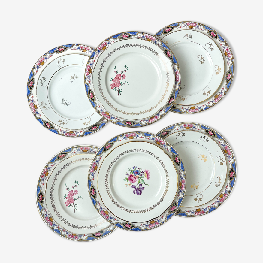 Set de 6 assiettes porcelaine et 6 petites assiettes dépareillées vintage ~  Service de table 6 personnes ~