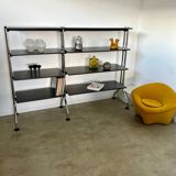 Large tubular bookcase shelves design from the 80s metal and wood vintage bauhaus style