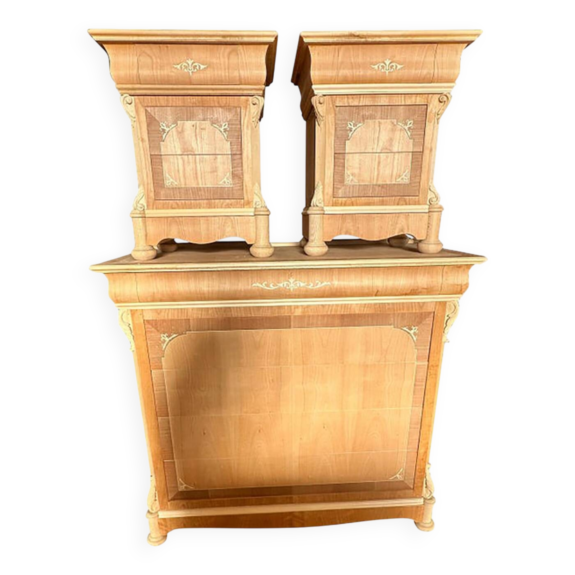 1990s Italian Natural Unpainted Set of a Chest of Drawers and Two Bedside T