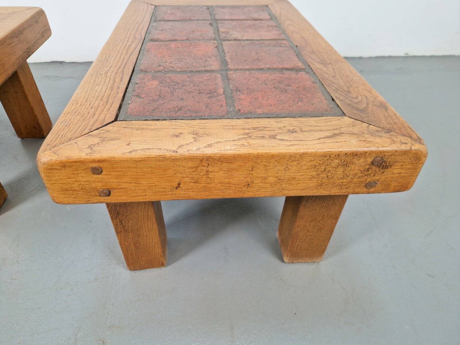 Brutalist Oak Side Table with Terracotta Tiles, 1950s, Set of 2