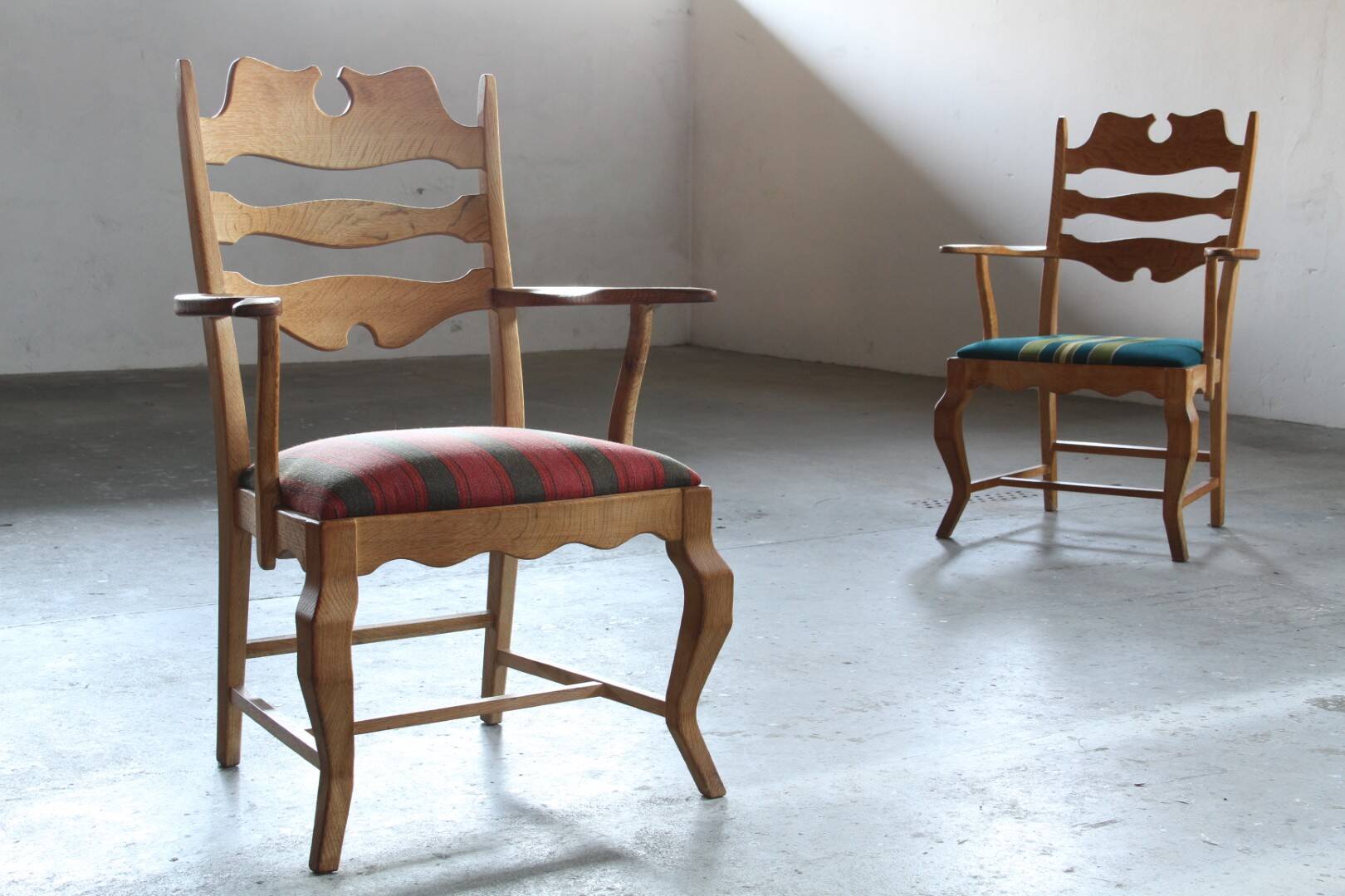 Vintage Brutalist Oak Razorblade Green Striped Armchair by H Kjærnulf, 1960