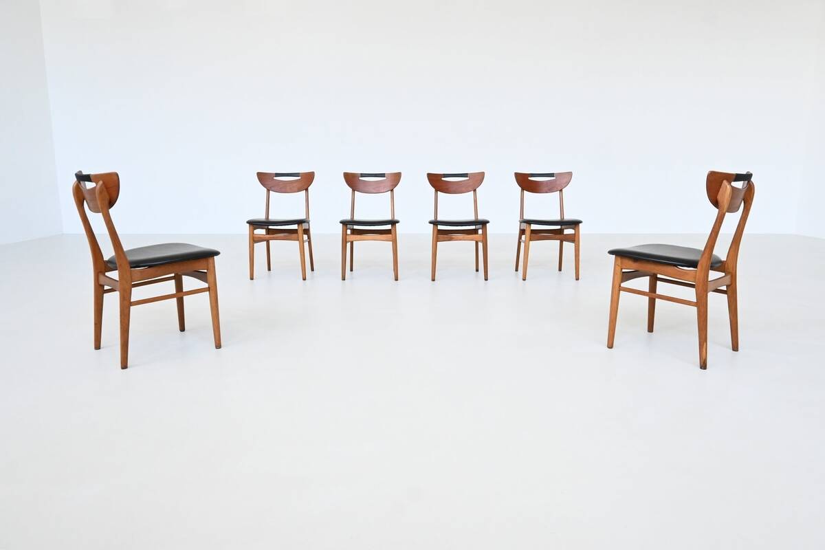 Set of six Danish dining chairs in teak and faux leather Denmark 1960