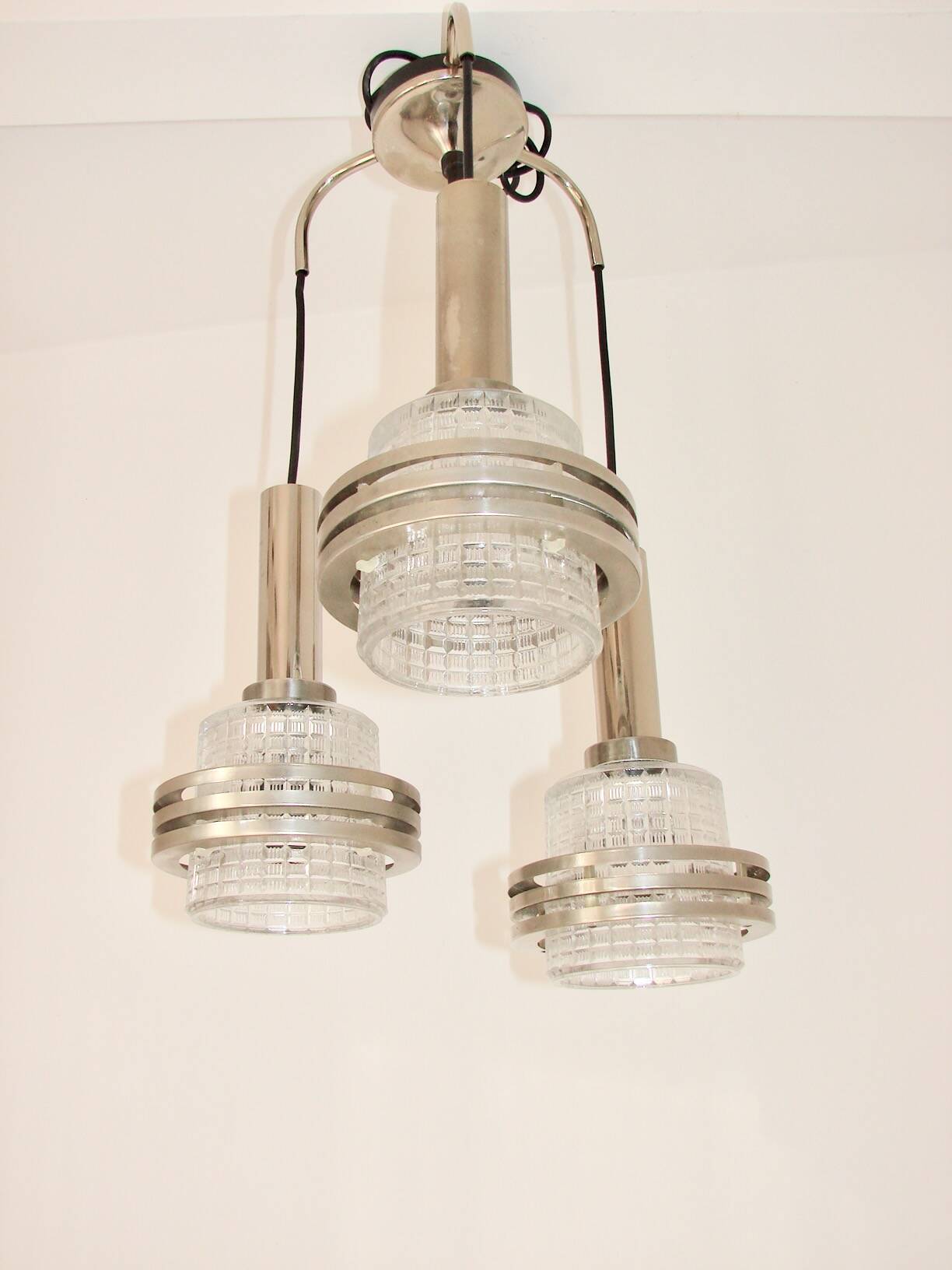 Modern pendant lamp, 1970s, metal and glass, 3xE27