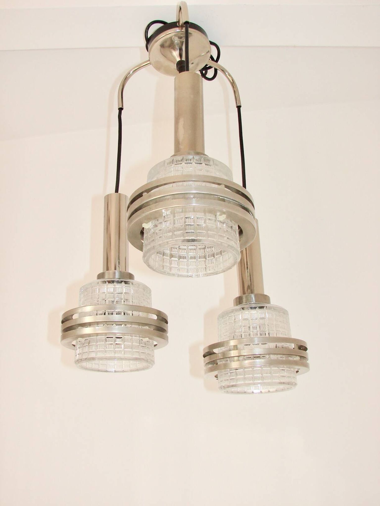 Modern pendant lamp, 1970s, metal and glass, 3xE27