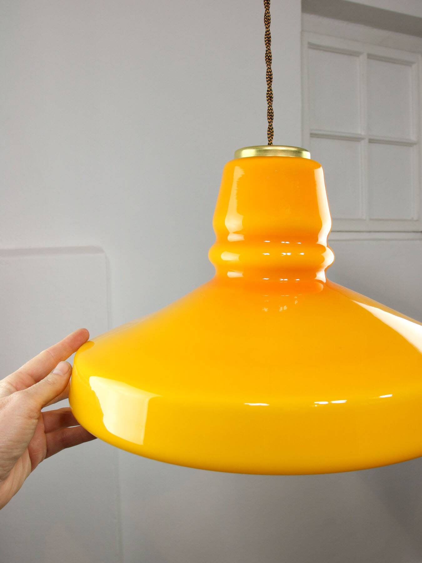 Mid-Century Italian Yellow Glass and Brass Pendant Lamp