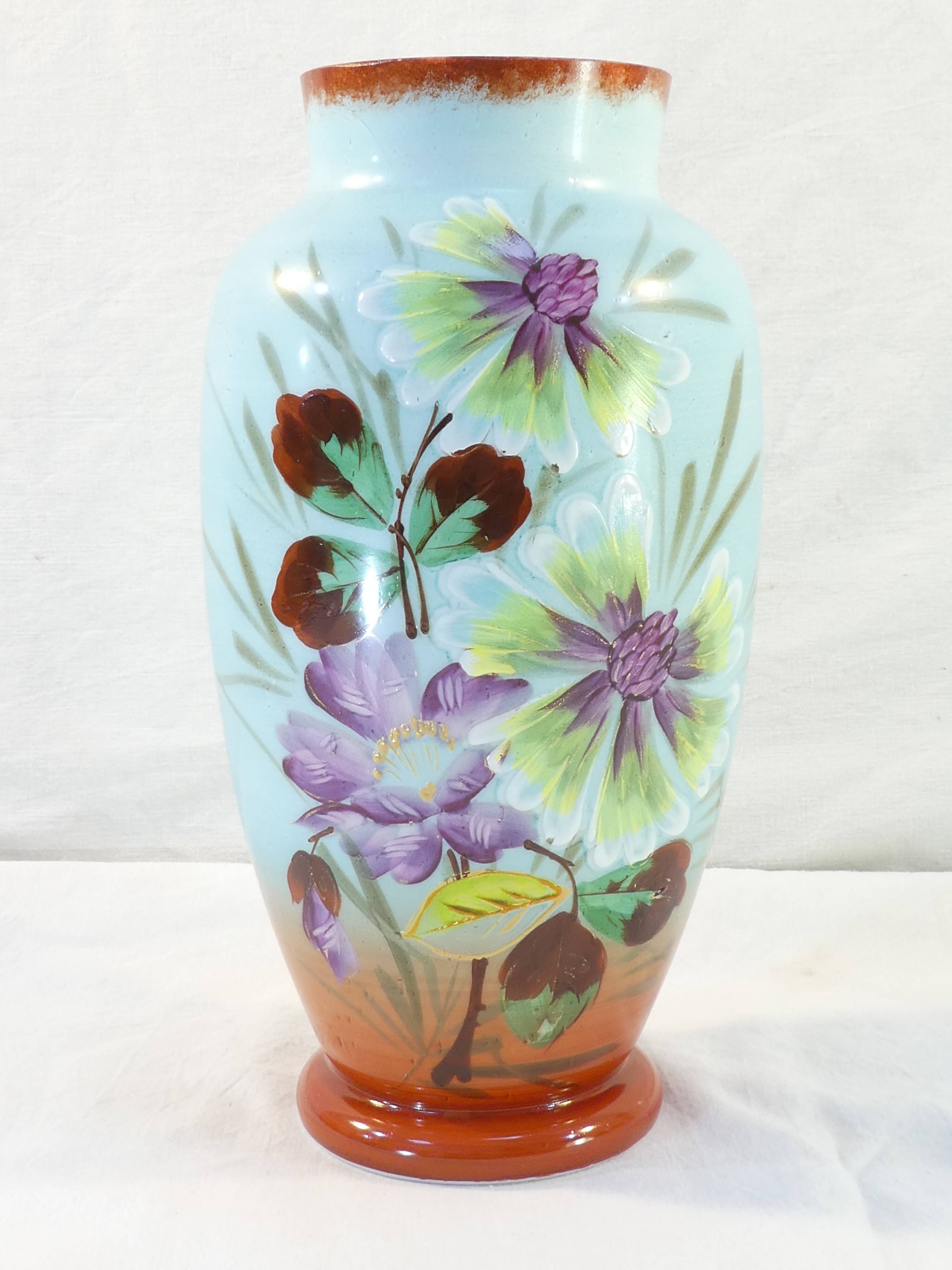 Vase in opaline opaline glass hand painted flower decoration