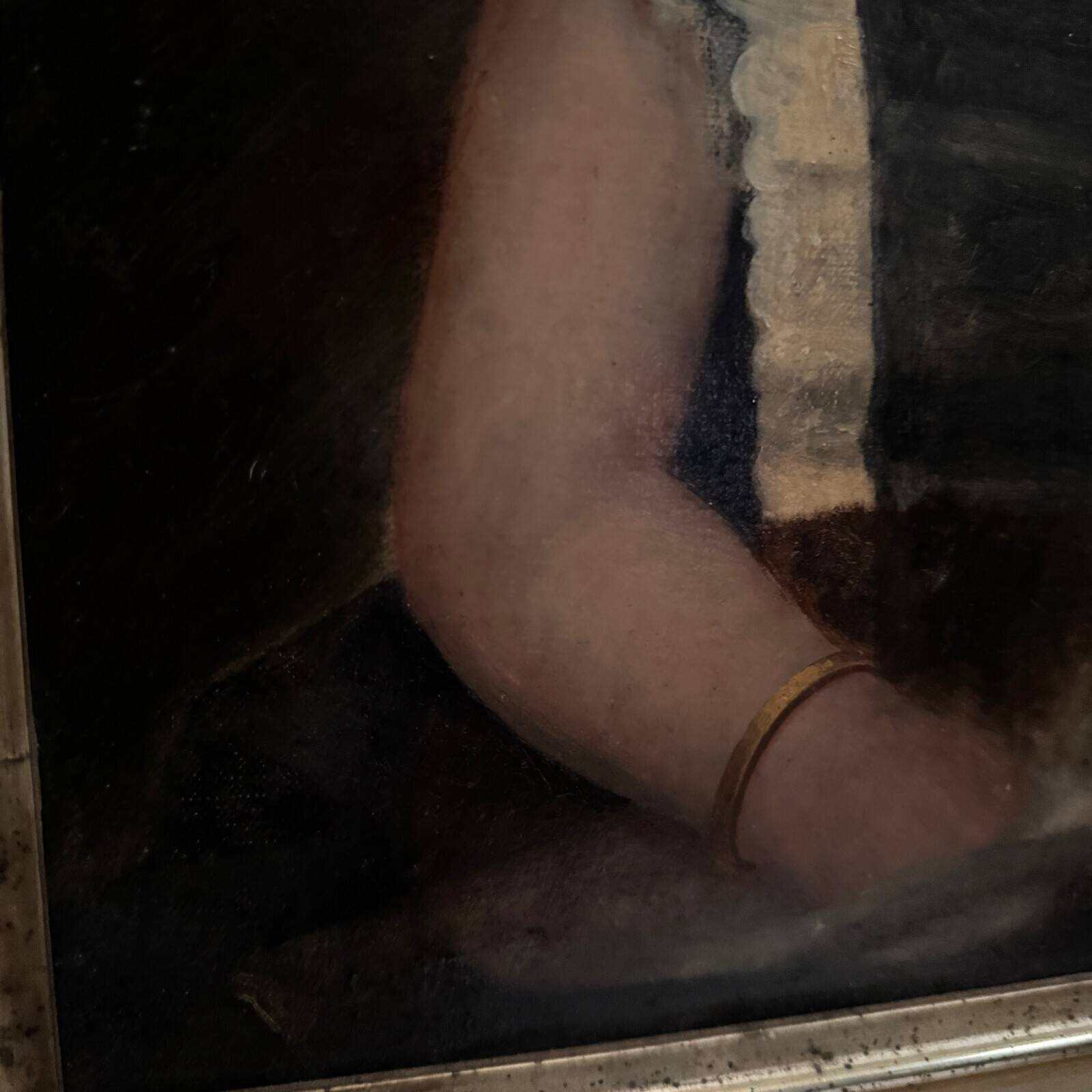 Oil on canvas 19th century young child carrying his cat gilded frame