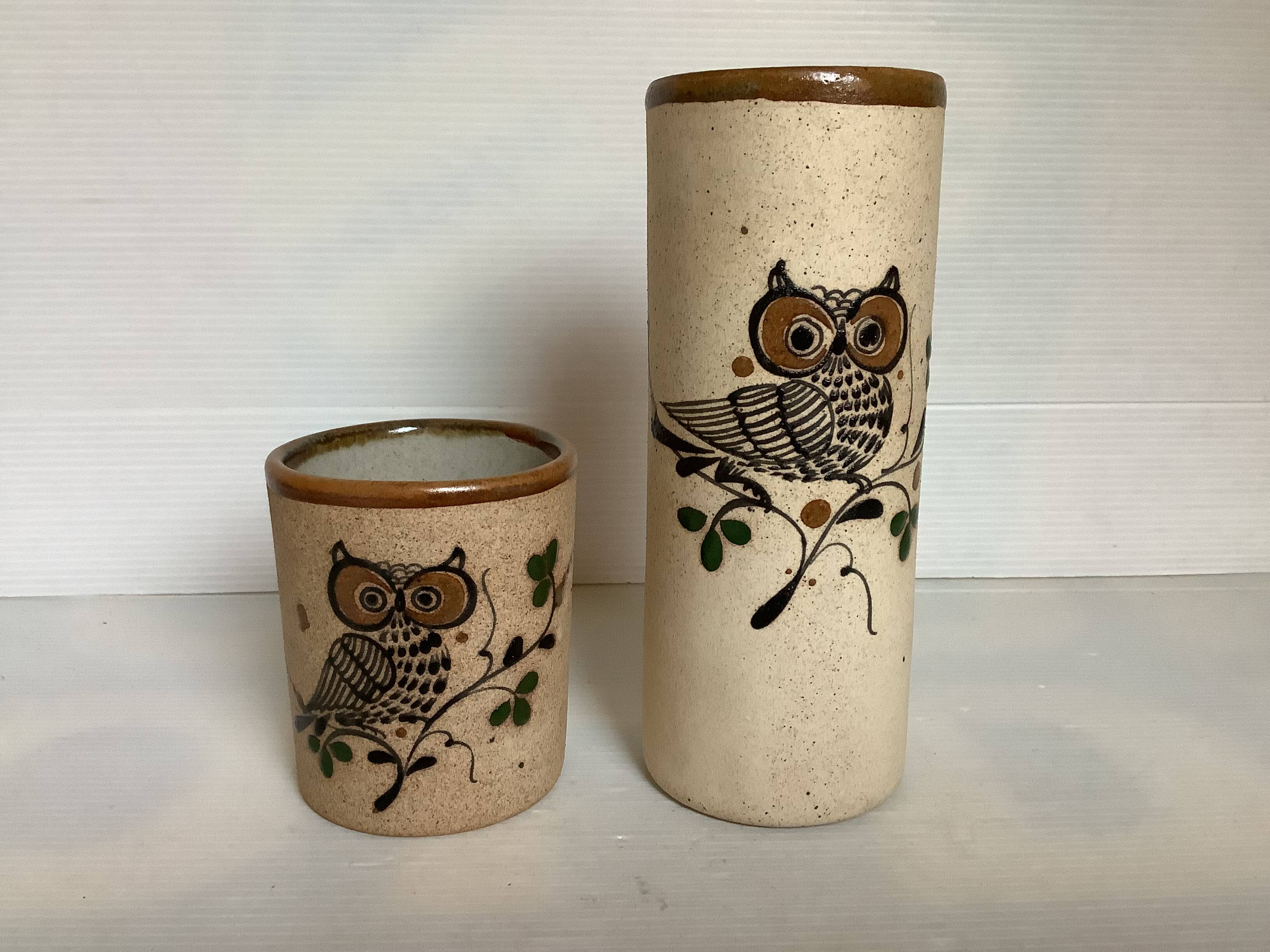 Pair of Mexican Tonala owl scroll vases