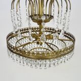 Chandelier, brass crown ceiling light, 5 floors, 3 lights, glass pendants. 60s