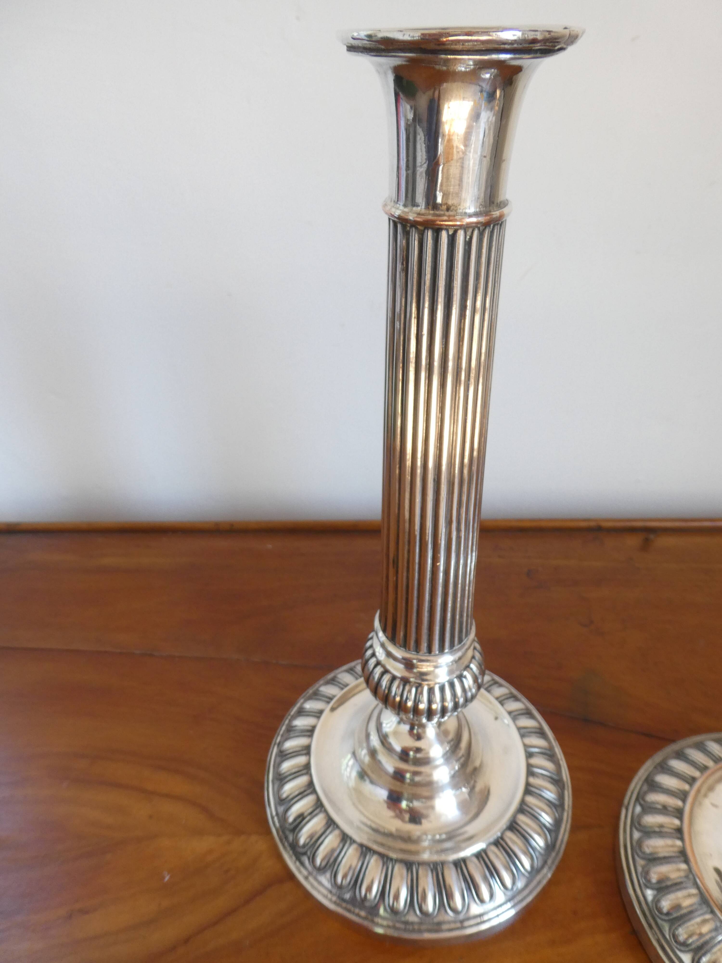 Antique pair of 19th century silver-plated metal candlesticks, 27 cm