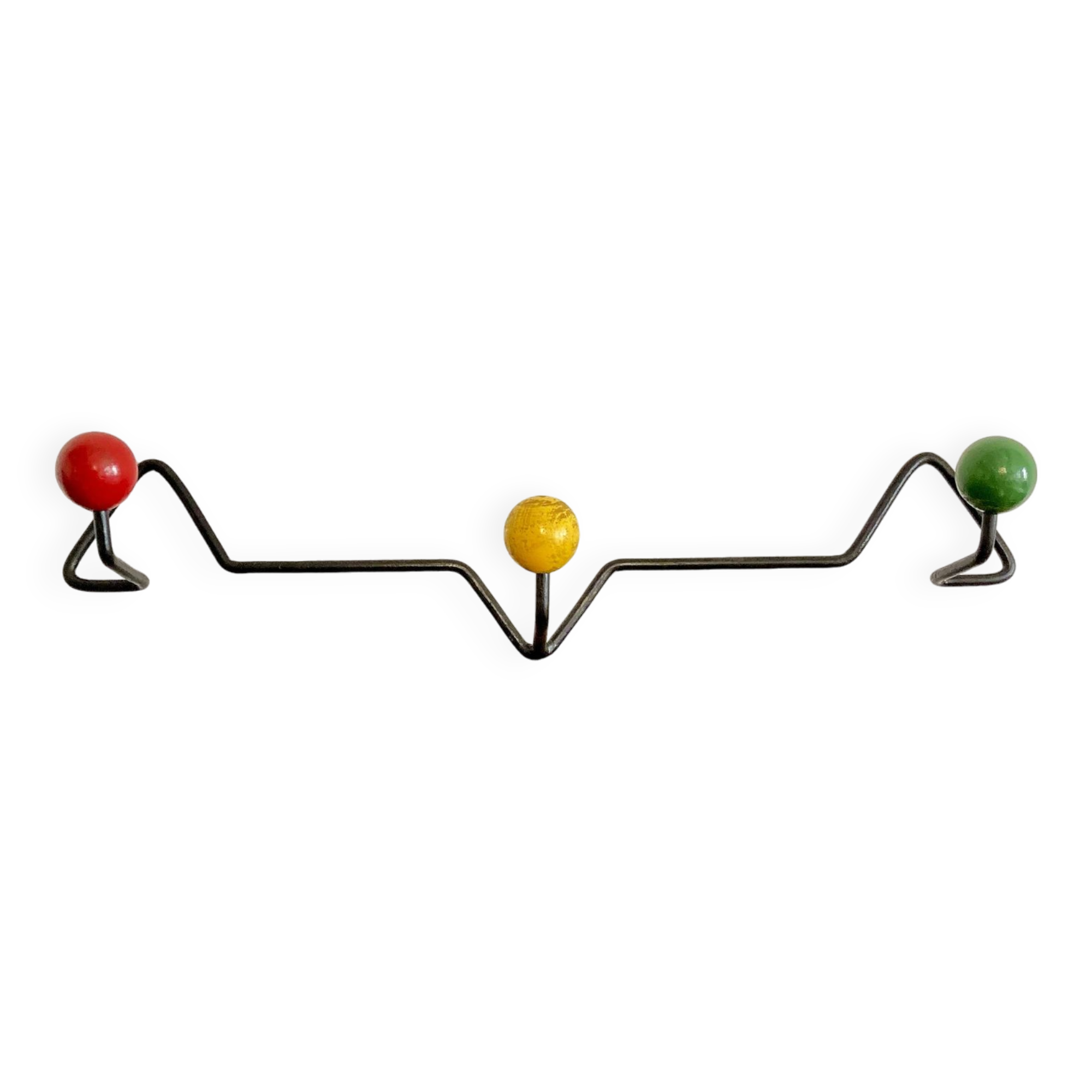 Seventies coat rack/coat hook, green-yellow-red metal and wood