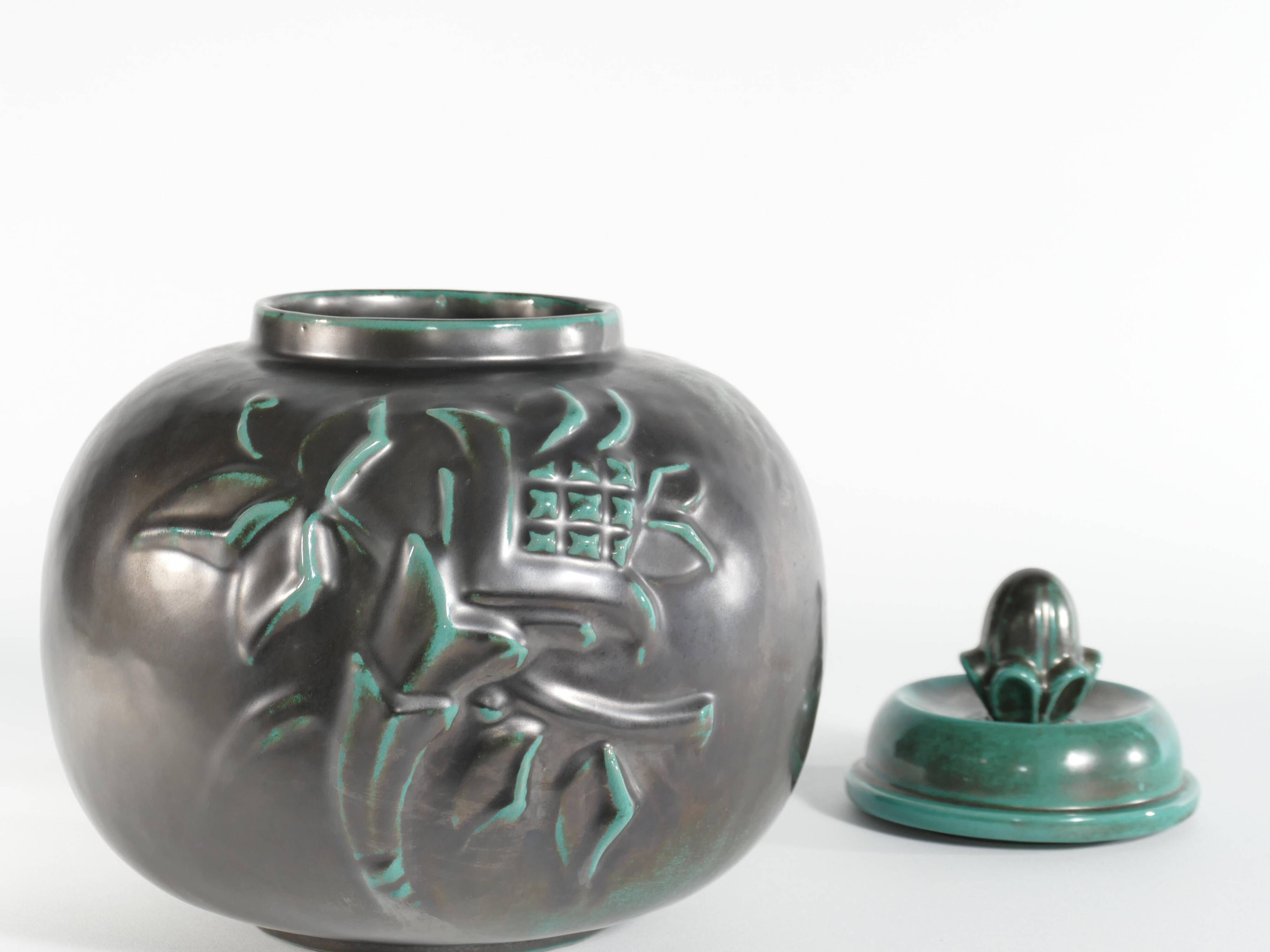 Large Art Deco Green Lidded Jar by Anna-Lisa Thomson for Upsala-Ekeby, 1930's