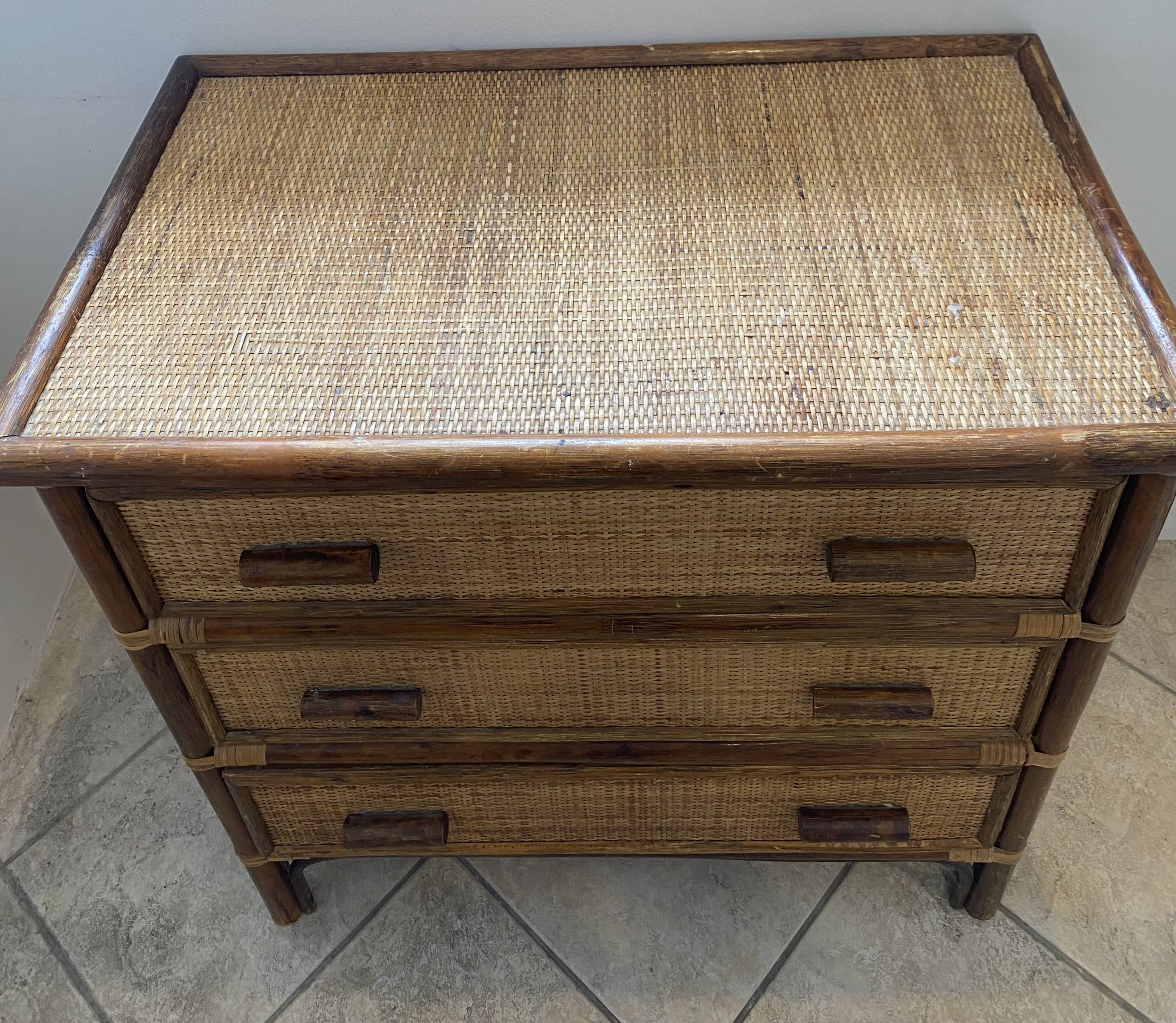 Vintage 1970s bamboo rattan 3-drawer chest of drawers.