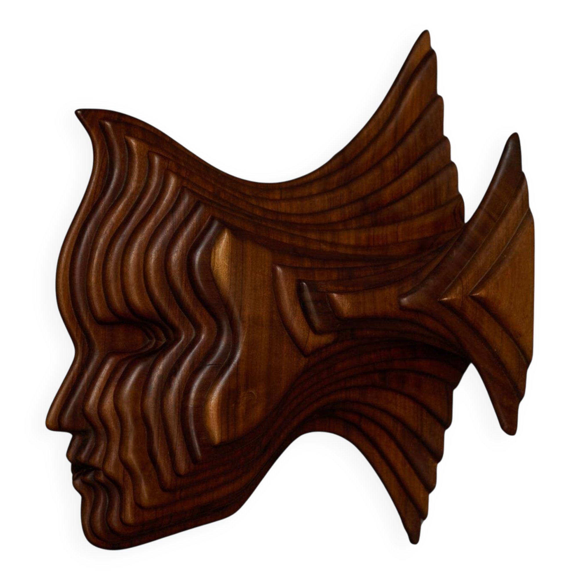 Sculptural carved wooden mask wall panel, France, 1970s
