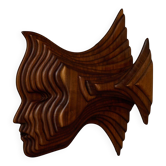 Sculptural carved wooden mask wall panel, France, 1970s