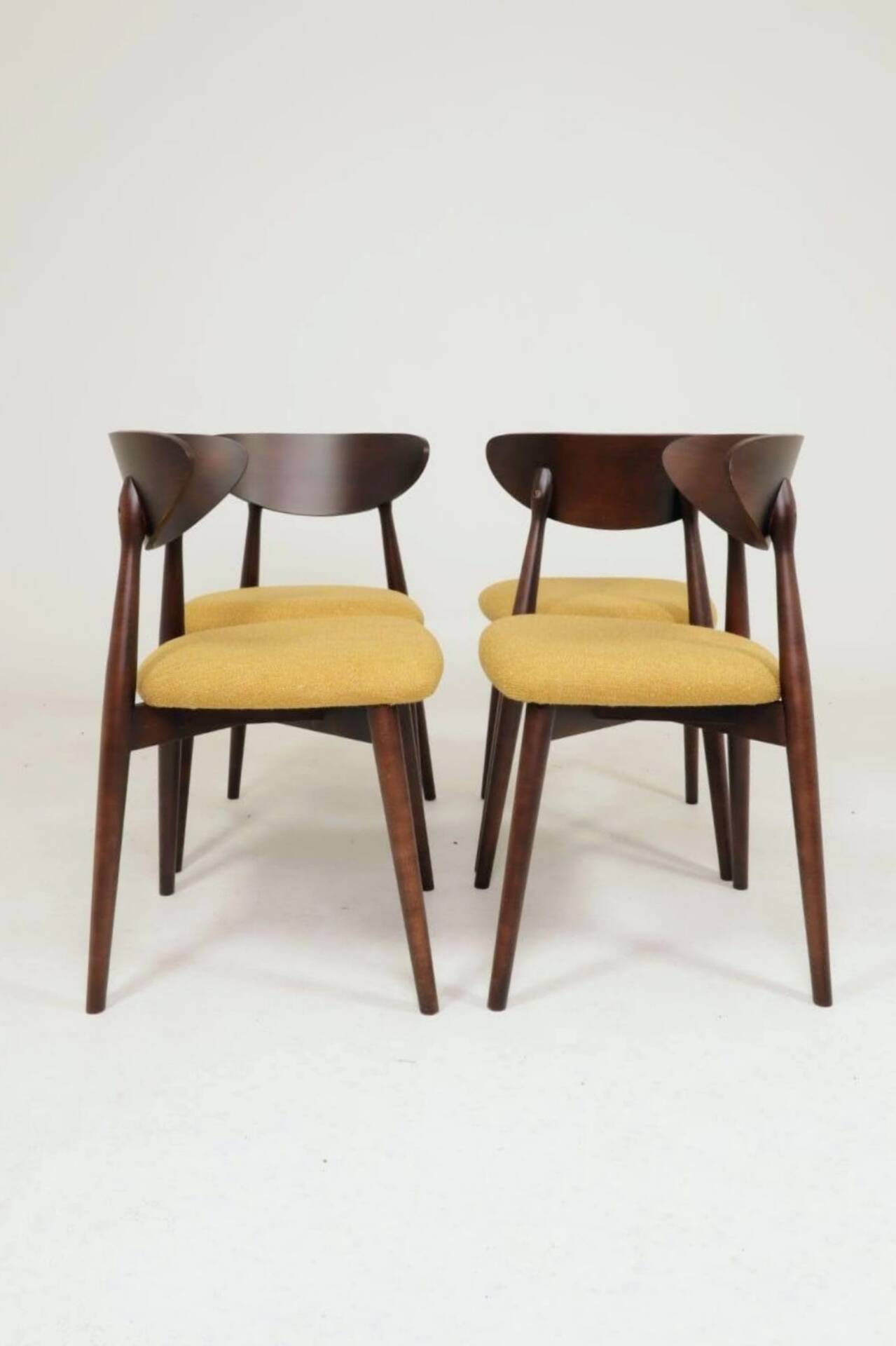 Modern Set of 4 Dining Chairs, Ochre Bouclè and Dark walnut beech wood