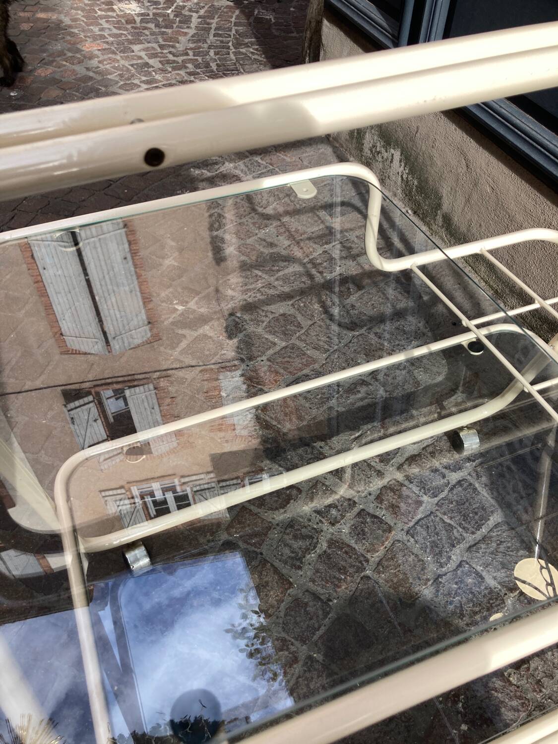 70s rolling trolley in glass and cream metal