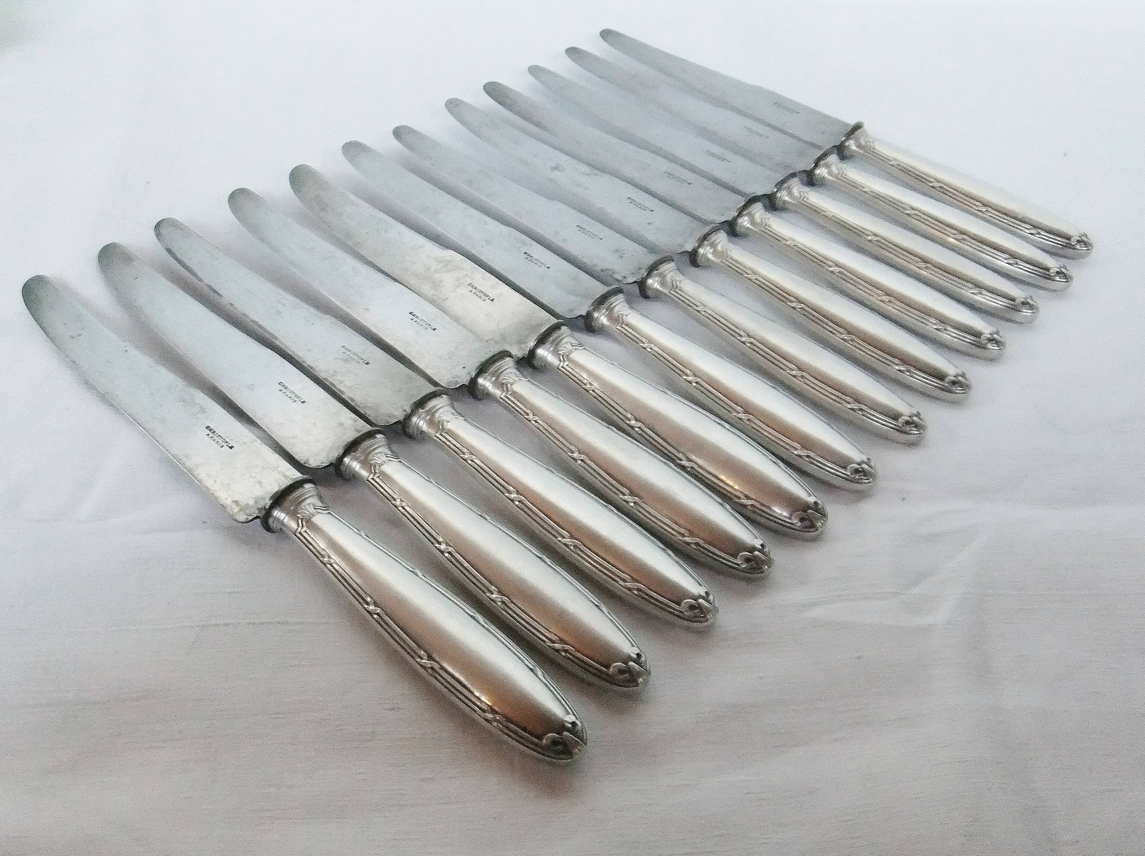 12 Christofle table knives Louis XVI bow ribbon Silver metal punch balance steel blade